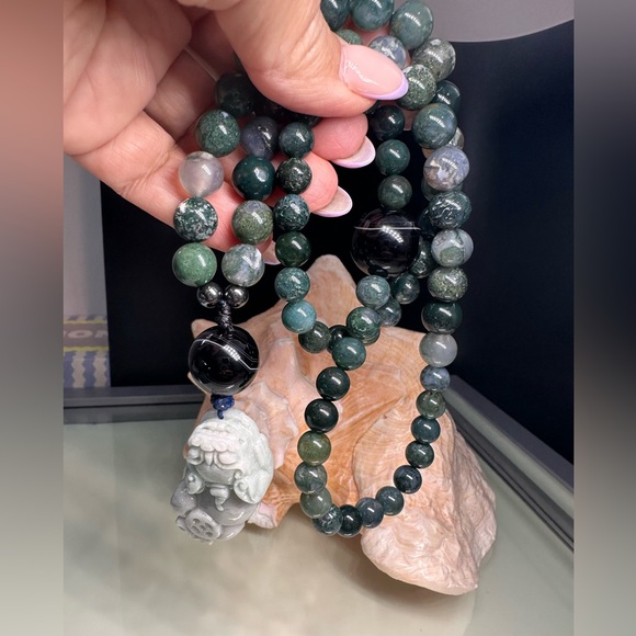 MOSS AGATE + ONYX + PIXIU JADE STONES NATURAL NECKLACE - Picture 7 of 14